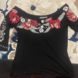 Black Off-Shoulder Top with Red Floral Embroidery